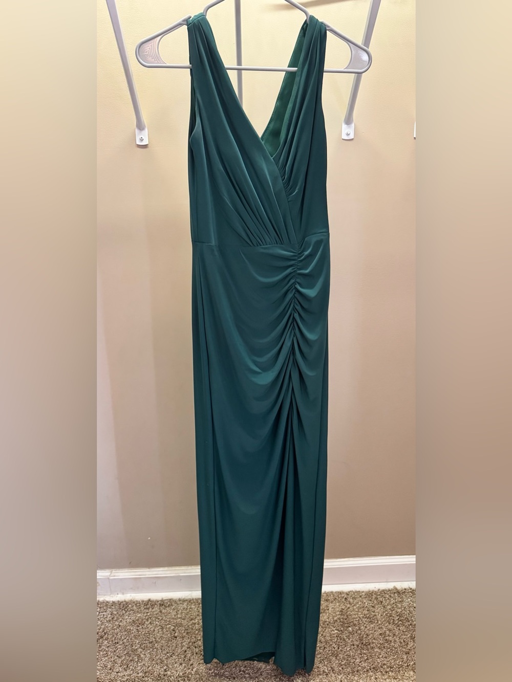 David's Bridal Emerald Green Ruched V-Neck Maxi Dress
